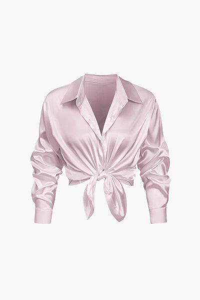 Lillian - Basic Plain Satin Women's Long Sleeve Shirt