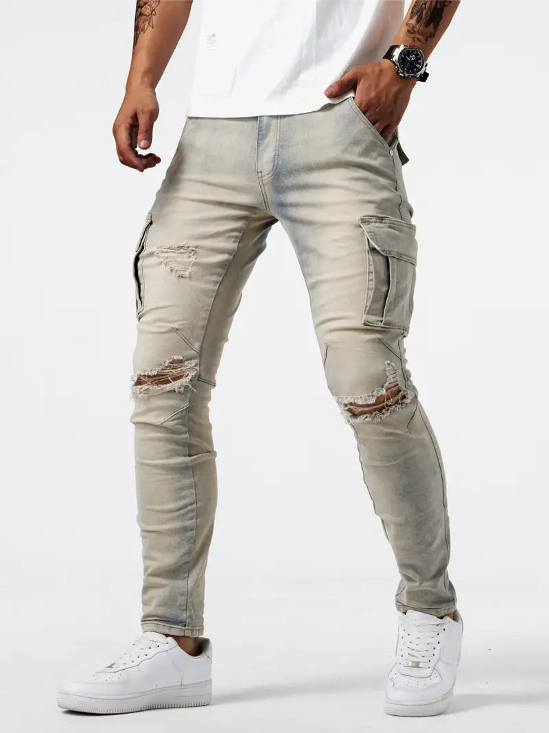 Slim fit multi-pocket jeans voor heren - cargo broek van hoog stretch denim