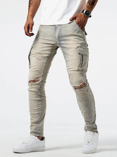 Slim fit multi-pocket jeans voor heren - cargo broek van hoog stretch denim