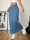 Sophie | Gewassen blauwe maxi denim rok met gespleten achterkant en trekkoord tailleband