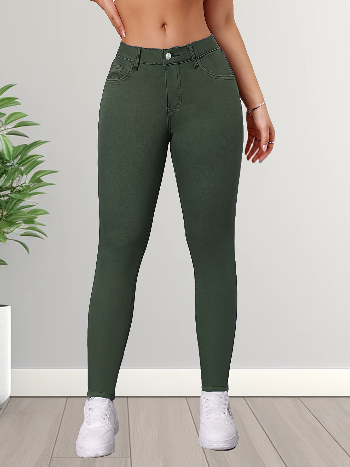 Feline | Elegante legergroene stretch skinny jeans met hoge taille