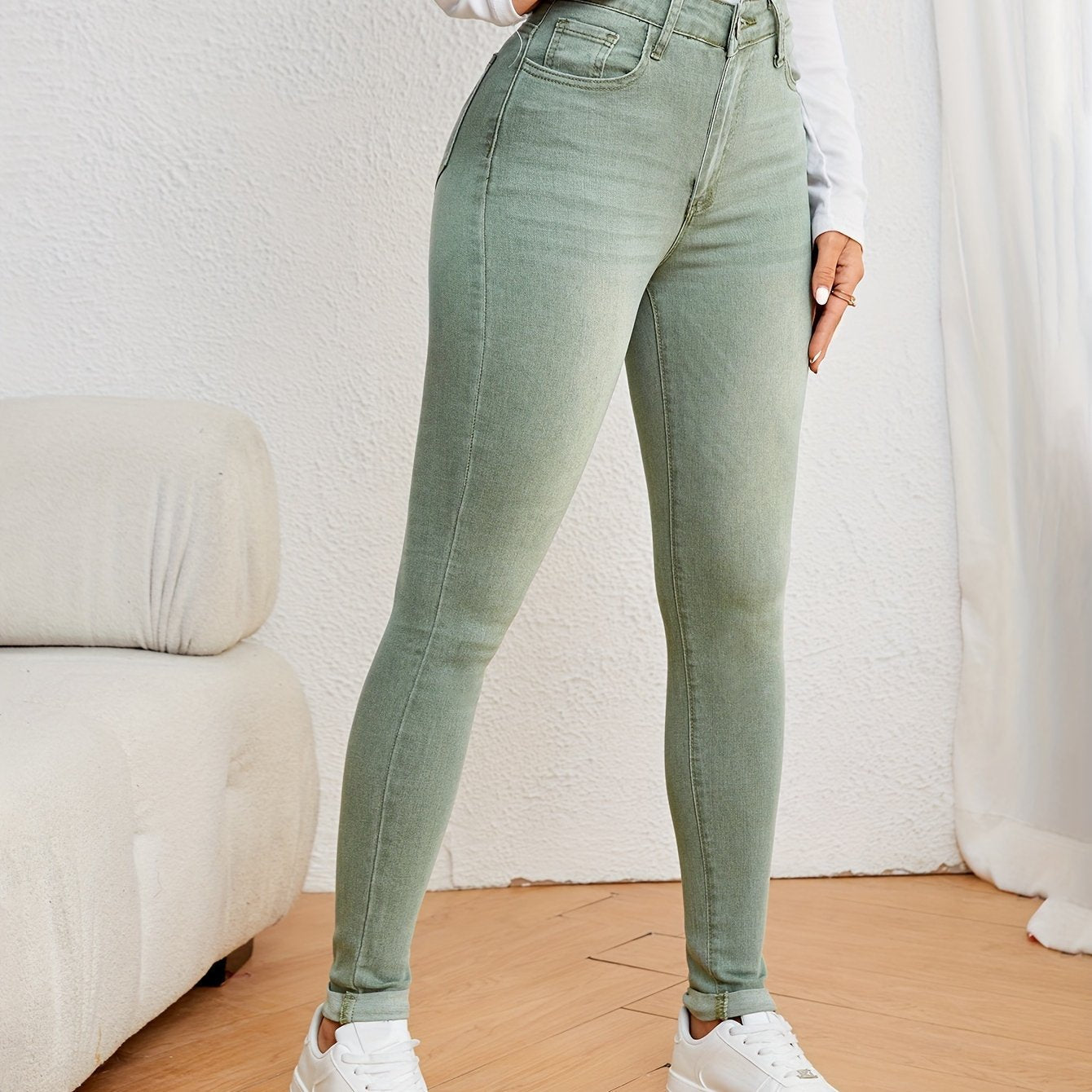 Sophie | Olijfgroene dames slim fit jeans met hoge taille