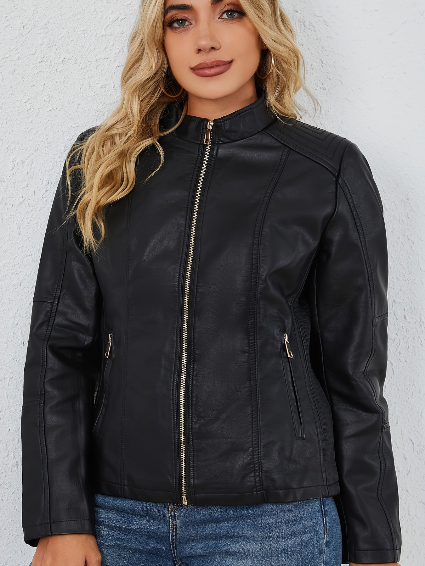 Elise | Women's plus size casual faux leather jacket with zip and lapel collar