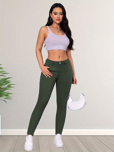 Feline | Elegante legergroene stretch skinny jeans met hoge taille