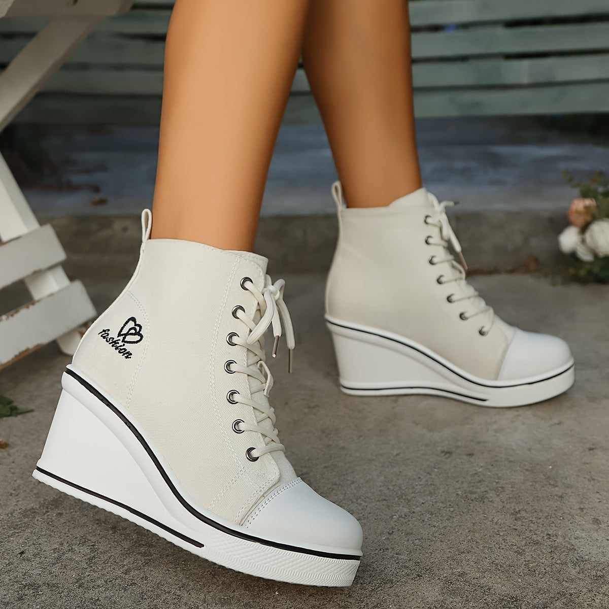 Lotte | Plain canvas ankle boots with a love pattern