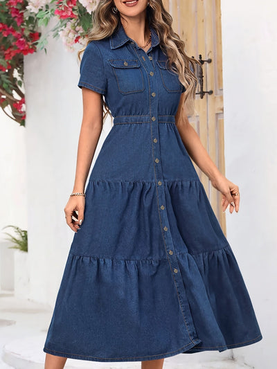 Lara | Effen gewassen blauwe midi denim jurk