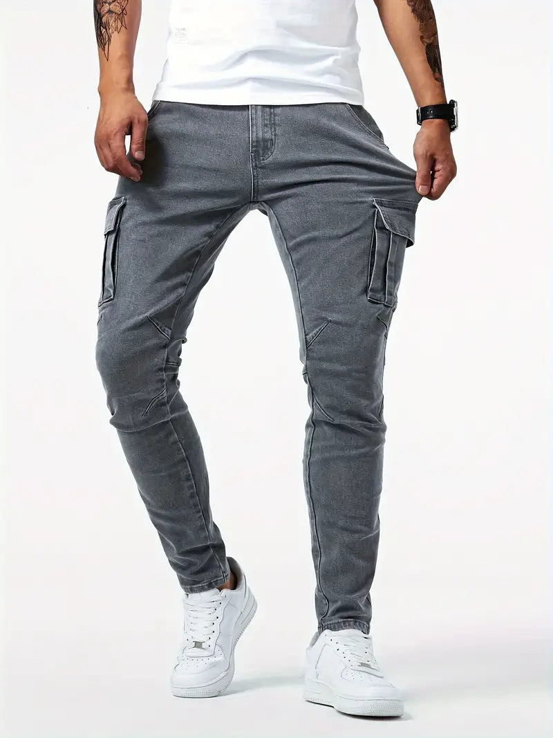 Slim fit multi-pocket jeans voor heren - cargo broek van hoog stretch denim