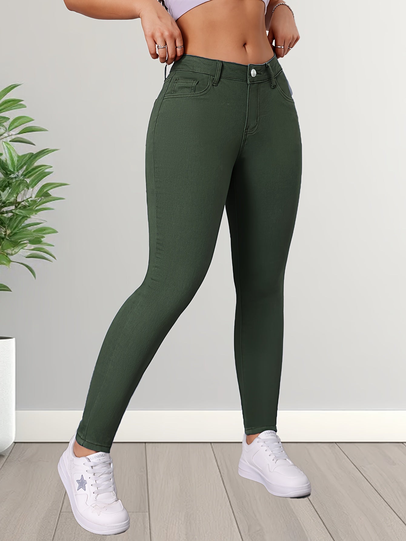 Feline | Elegante legergroene stretch skinny jeans met hoge taille