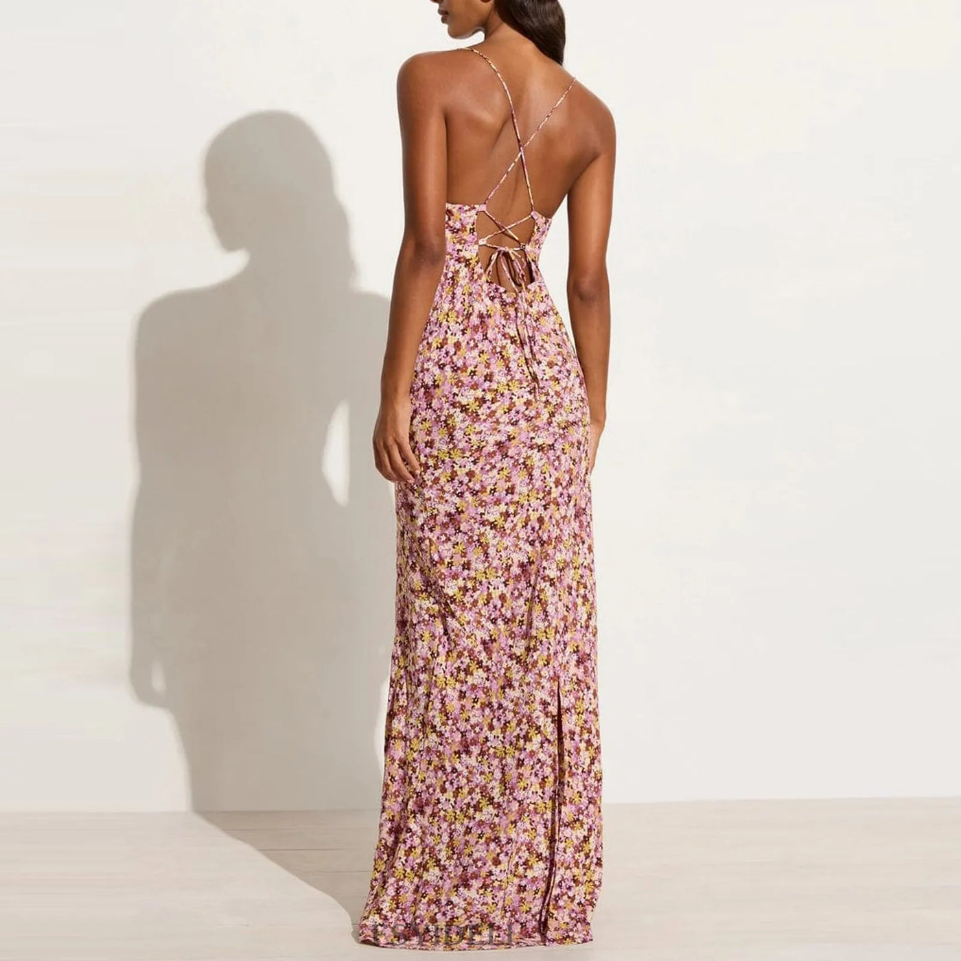 Lenay - Strappy Floral Print Crisscross Flowy Long Short Dress 