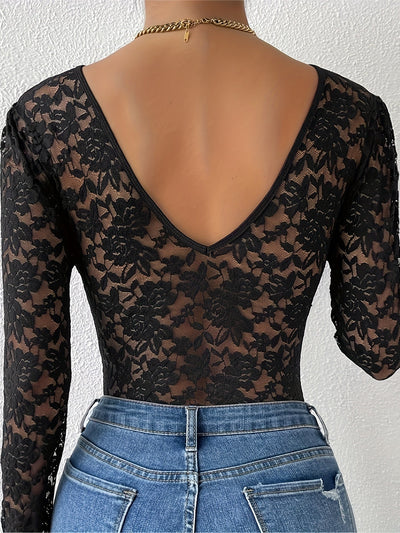 Emma | Sexy, elegant, semi-sheer bodysuit with lace scallop trim and long sleeves