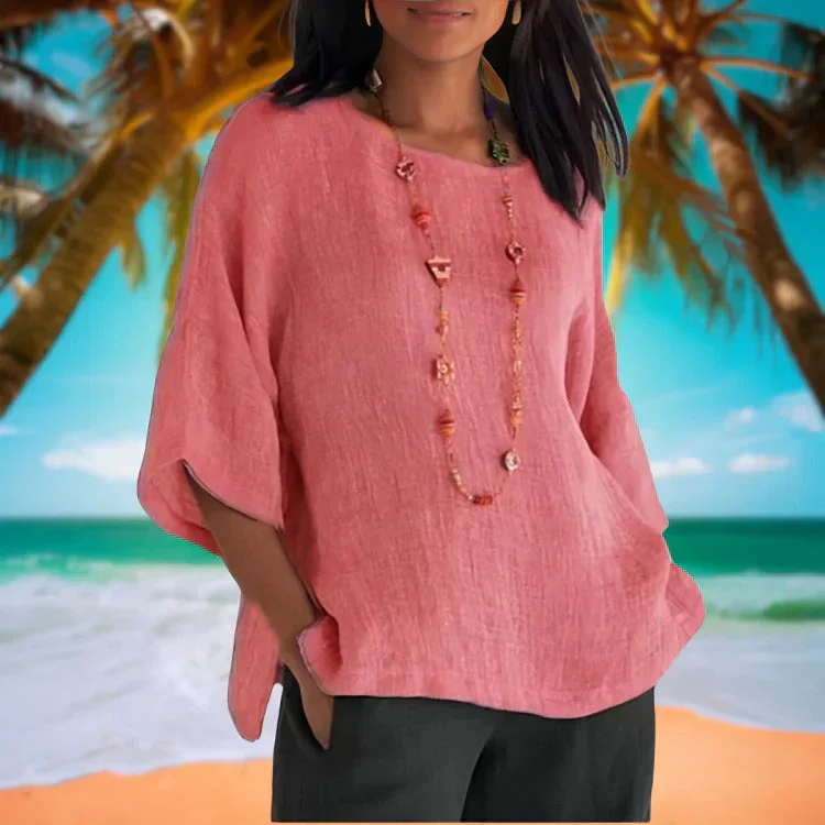 Dames Linnen Zomerblouse met Wijde Pasvorm – Top met Driekwart Mouwen