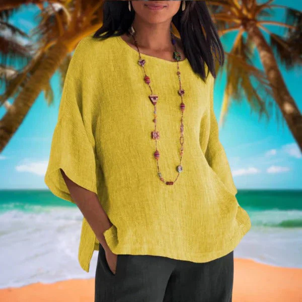 Dames Linnen Zomerblouse met Wijde Pasvorm – Top met Driekwart Mouwen