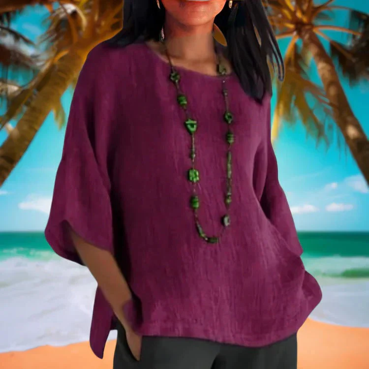 Dames Linnen Zomerblouse met Wijde Pasvorm – Top met Driekwart Mouwen