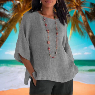 Dames Linnen Zomerblouse met Wijde Pasvorm – Top met Driekwart Mouwen