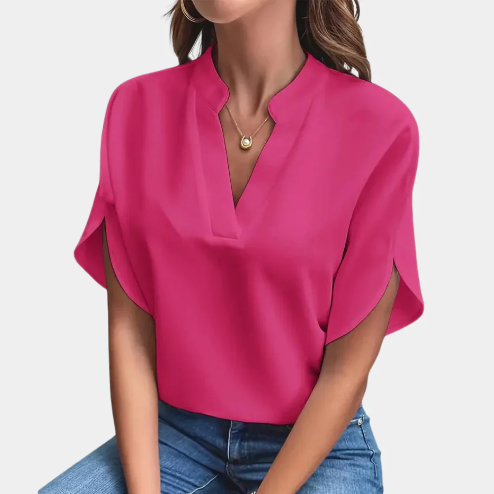 Dames Blouse met V-Hals en Korte Mouwen – Losvallende Casual Top