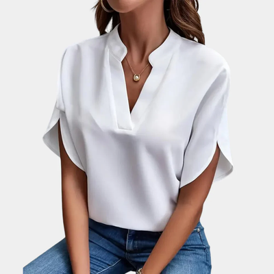 Dames Blouse met V-Hals en Korte Mouwen – Losvallende Casual Top