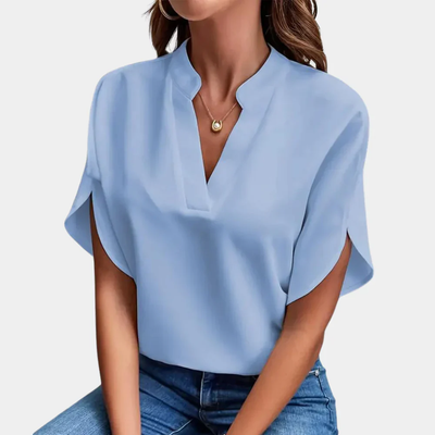 Dames Blouse met V-Hals en Korte Mouwen – Losvallende Casual Top