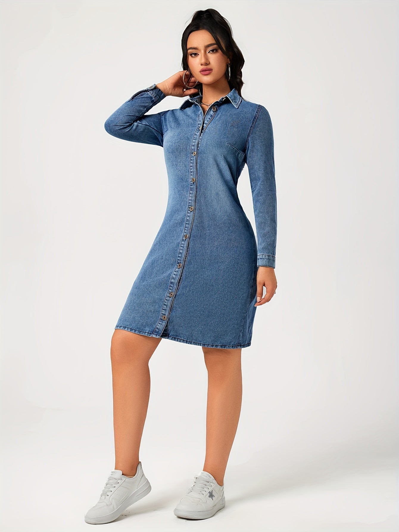 Sophie | Eenvoudige blauwe denim jurk met lange mouw