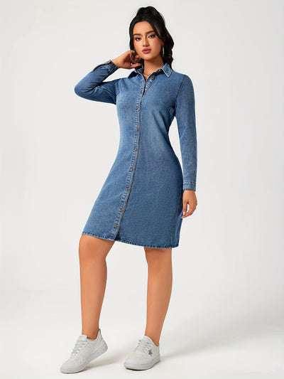 Sophie | Eenvoudige blauwe denim jurk met lange mouw