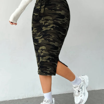Noa | Krijtstreep rok met split in camouflageprint