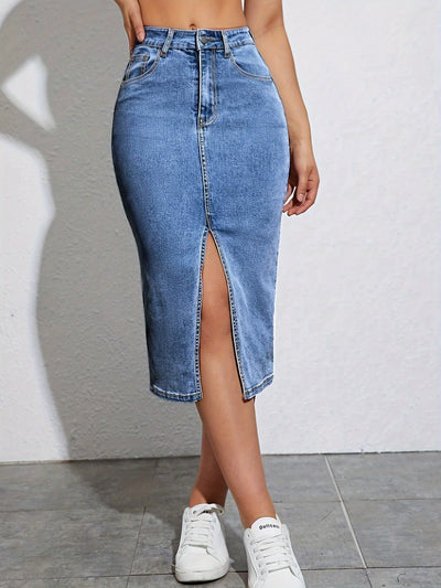 Mia | Gespleten denim rok met hoge taille en schuine zakken