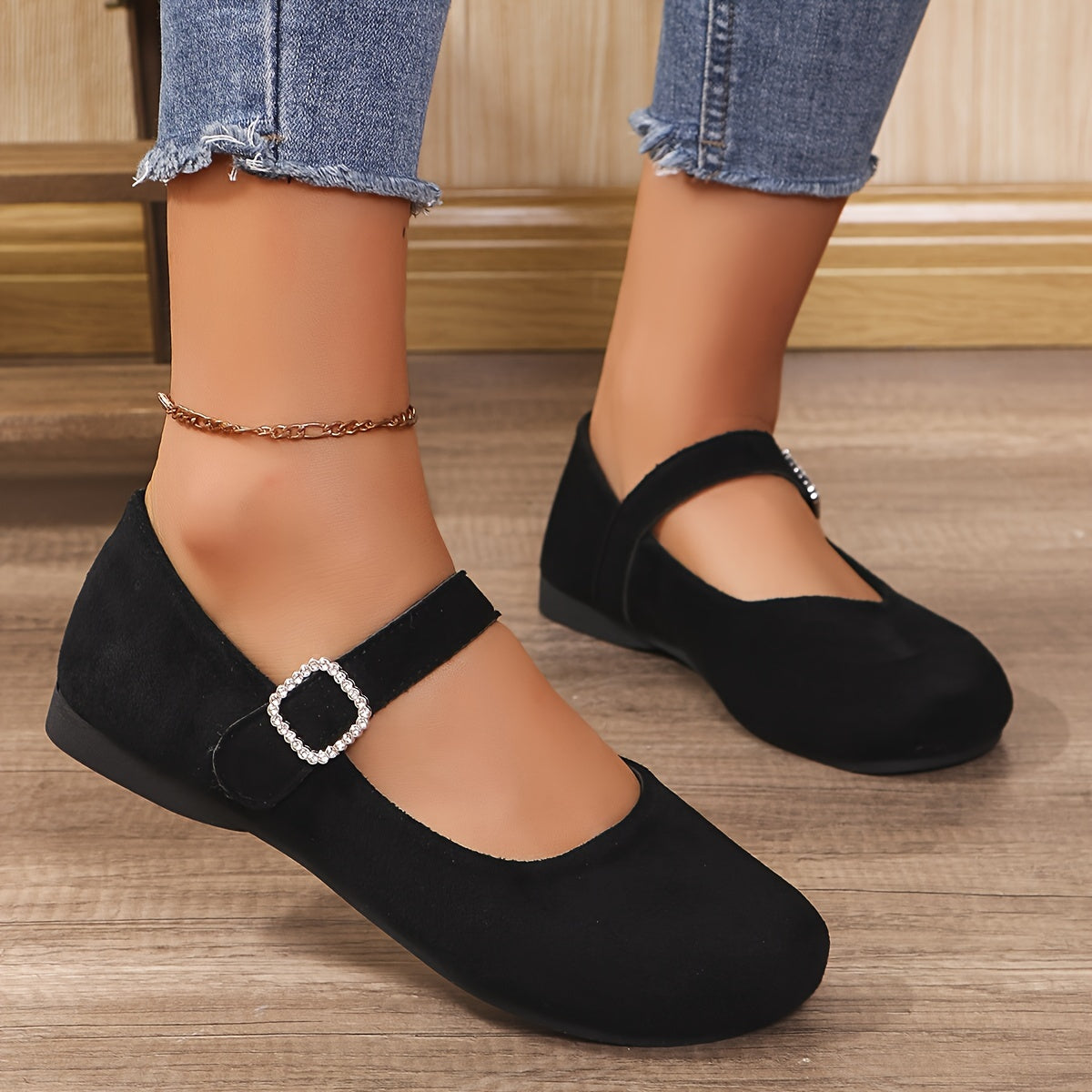 Luna | Women's solid-color ballet flats with rhinestone buckle closure