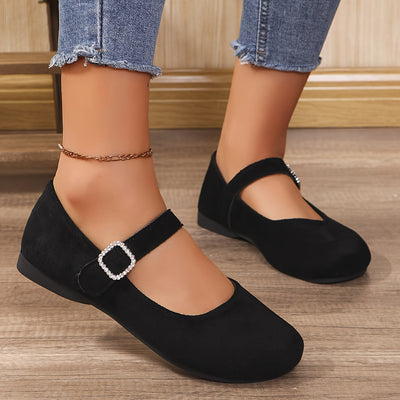 Luna | Women's solid-color ballet flats with rhinestone buckle closure