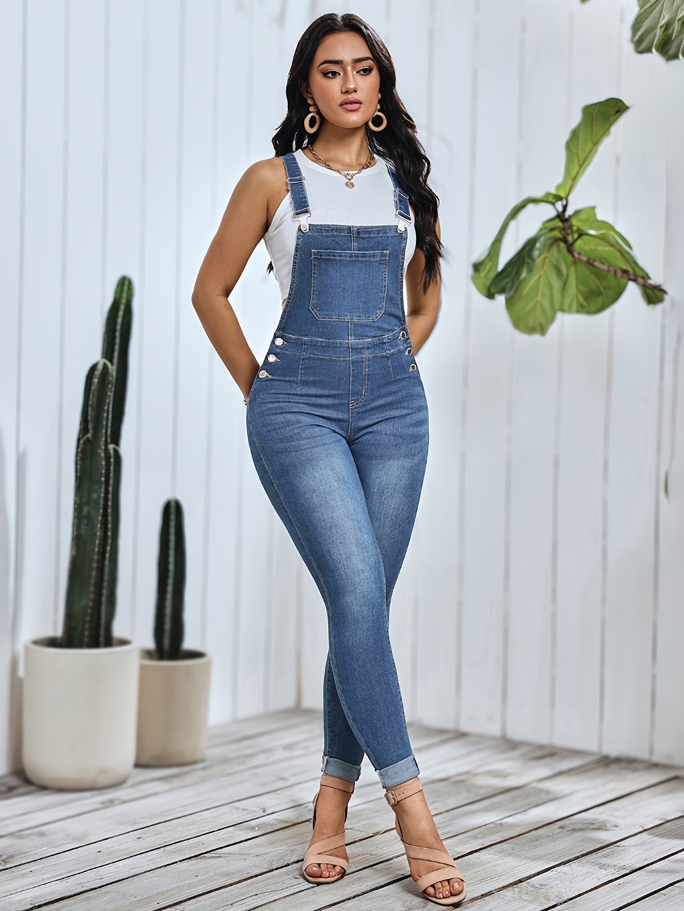 Emma | Women's skinny fit denim overalls in mid-blue washed