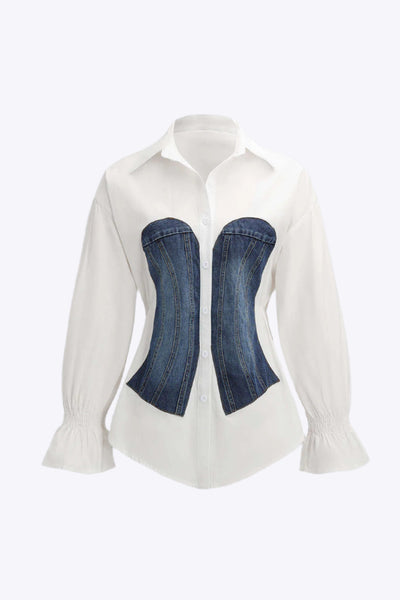 Harper - Modern Patchwork Detail Women's Corset Long Sleeve Shirt