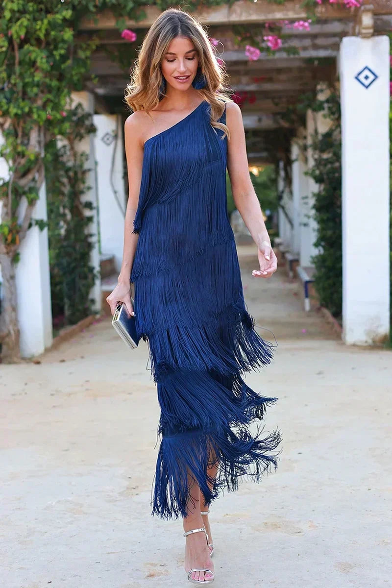 Raina - one-shoulder jurk met kwastjes