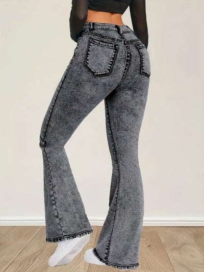 Elin | Gray stretch denim flare jeans with a high waist and button closure