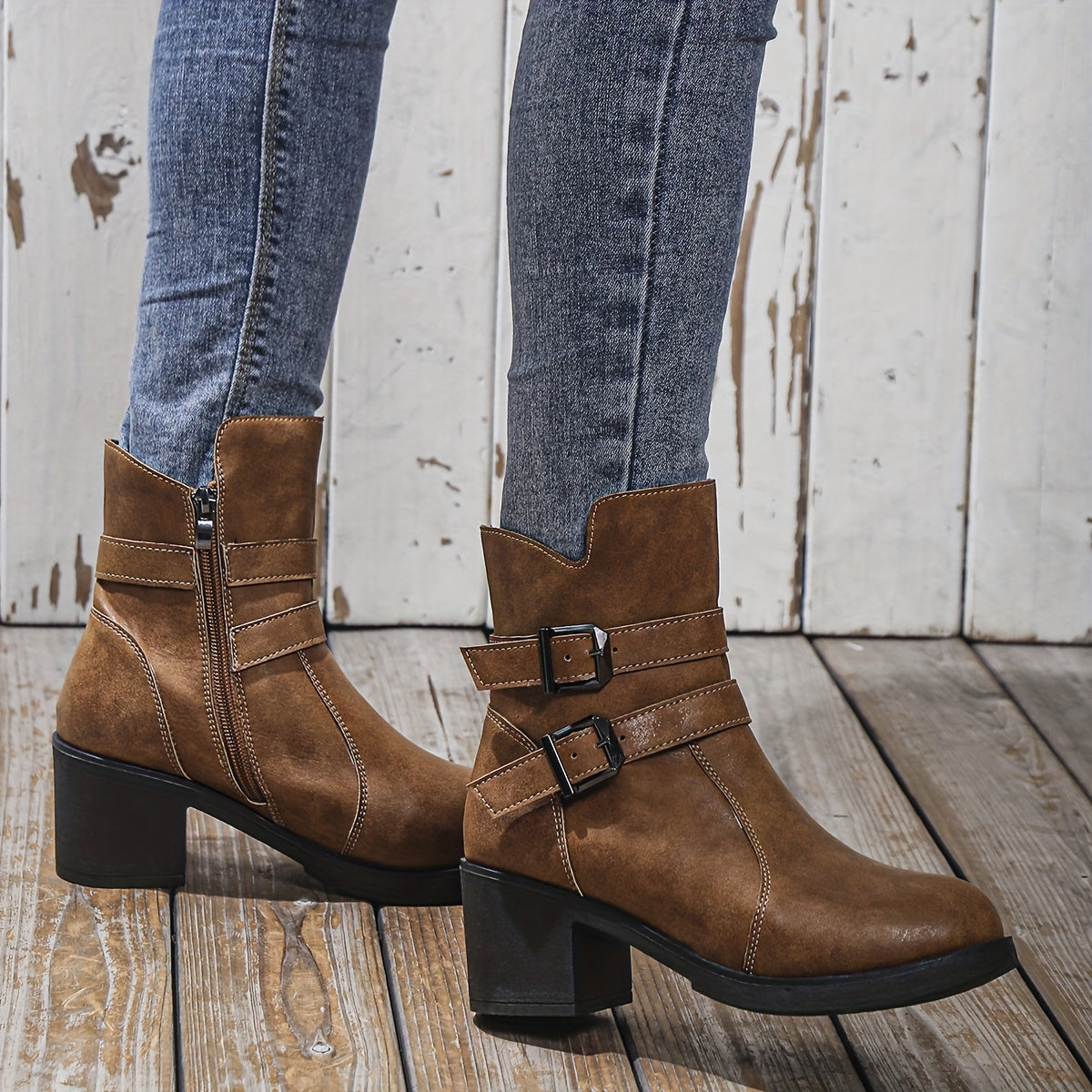 Eva | Solid color chunky heel ankle boots with side zipper