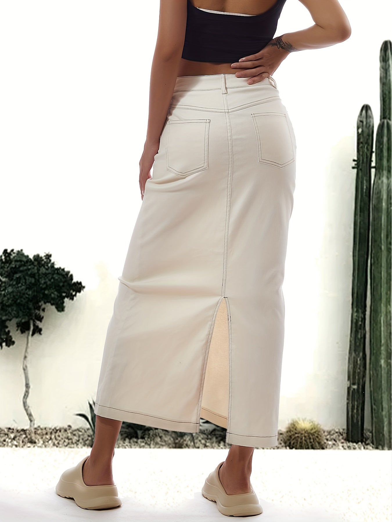 Emma | Plain white split back hem casual maxi denim skirt