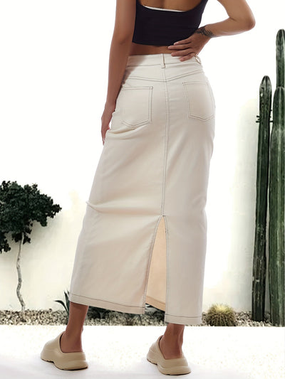 Emma | Plain white split back hem casual maxi denim skirt