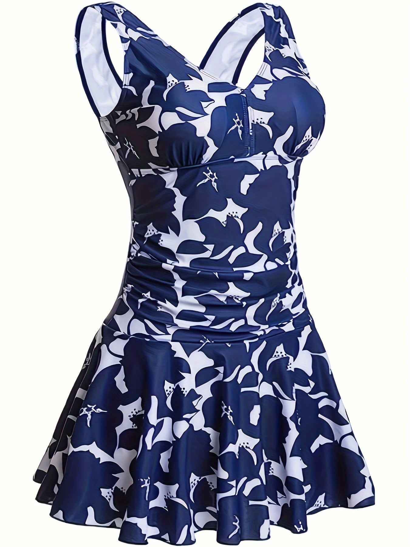 Vera | Bloemenprint V-hals rugloze zwemjurk met ingebouwde shorts