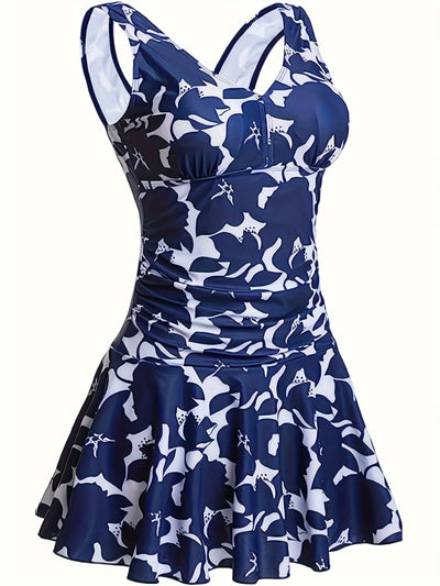Vera | Bloemenprint V-hals rugloze zwemjurk met ingebouwde shorts