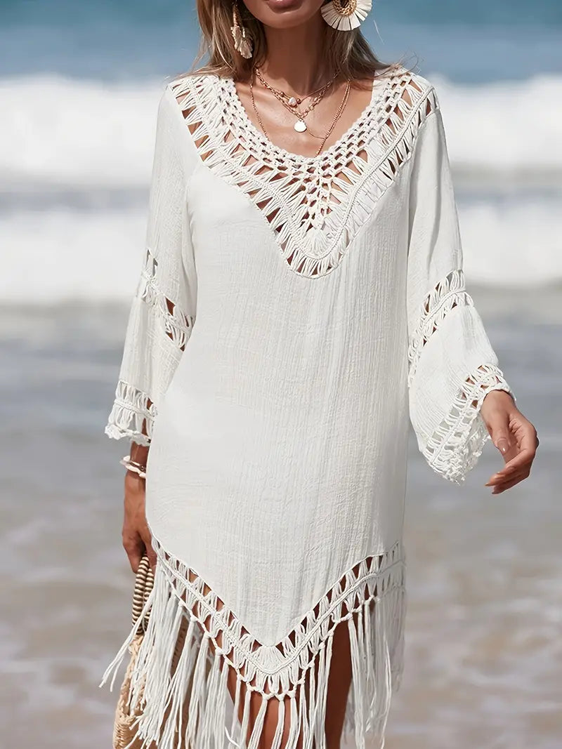 Arielle - boho strandjurk met macramé franjes en V-hals