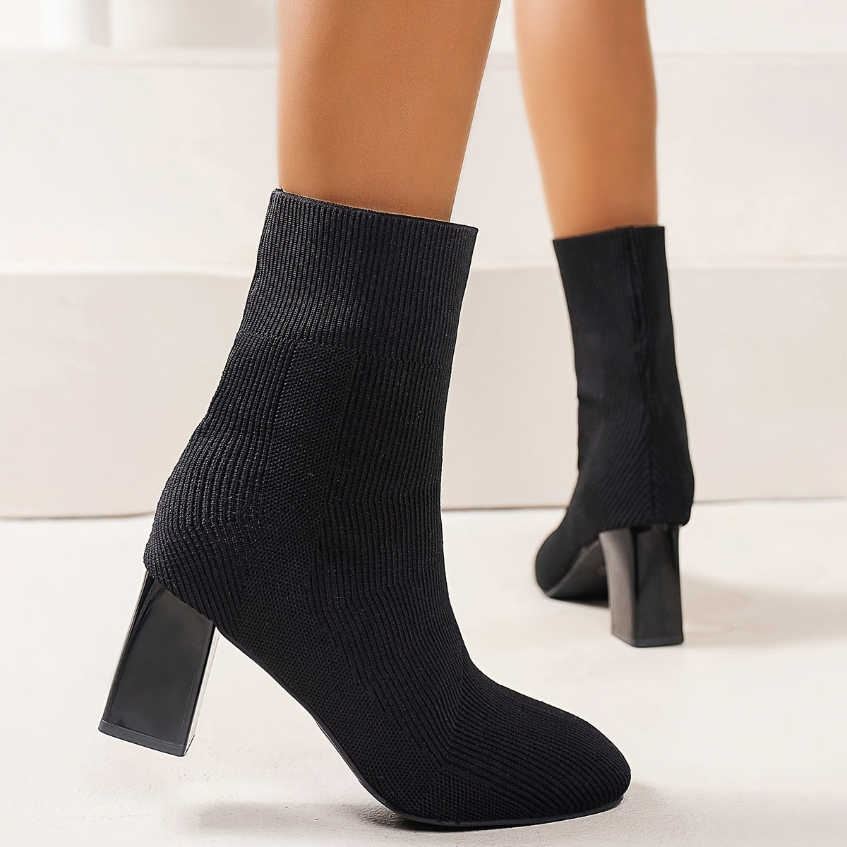 Jasmine | Knitted mid-calf sock boots with block heel