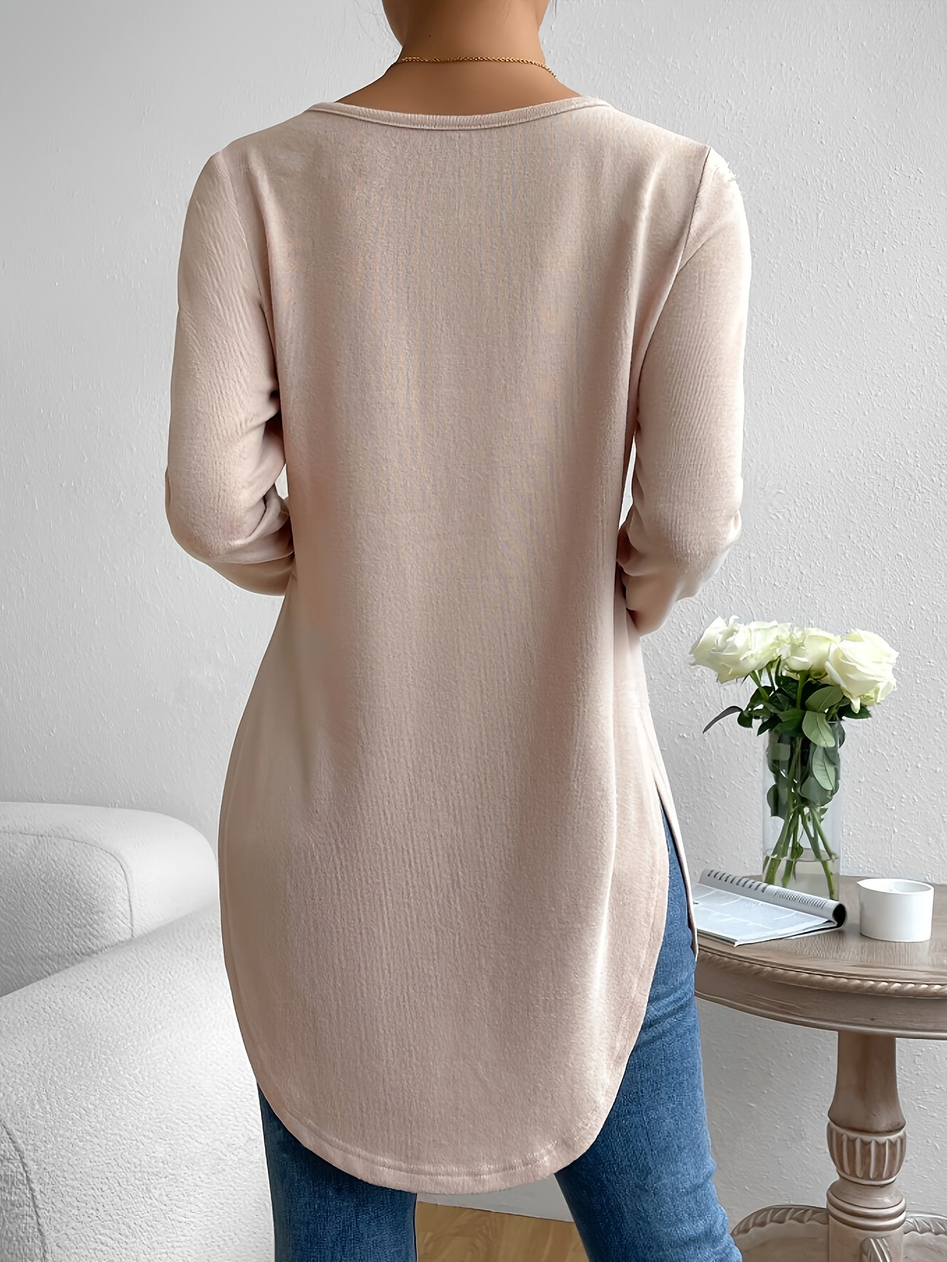 Sophie | Effen kleur dames T-shirt met lange mouw en gebogen zoom