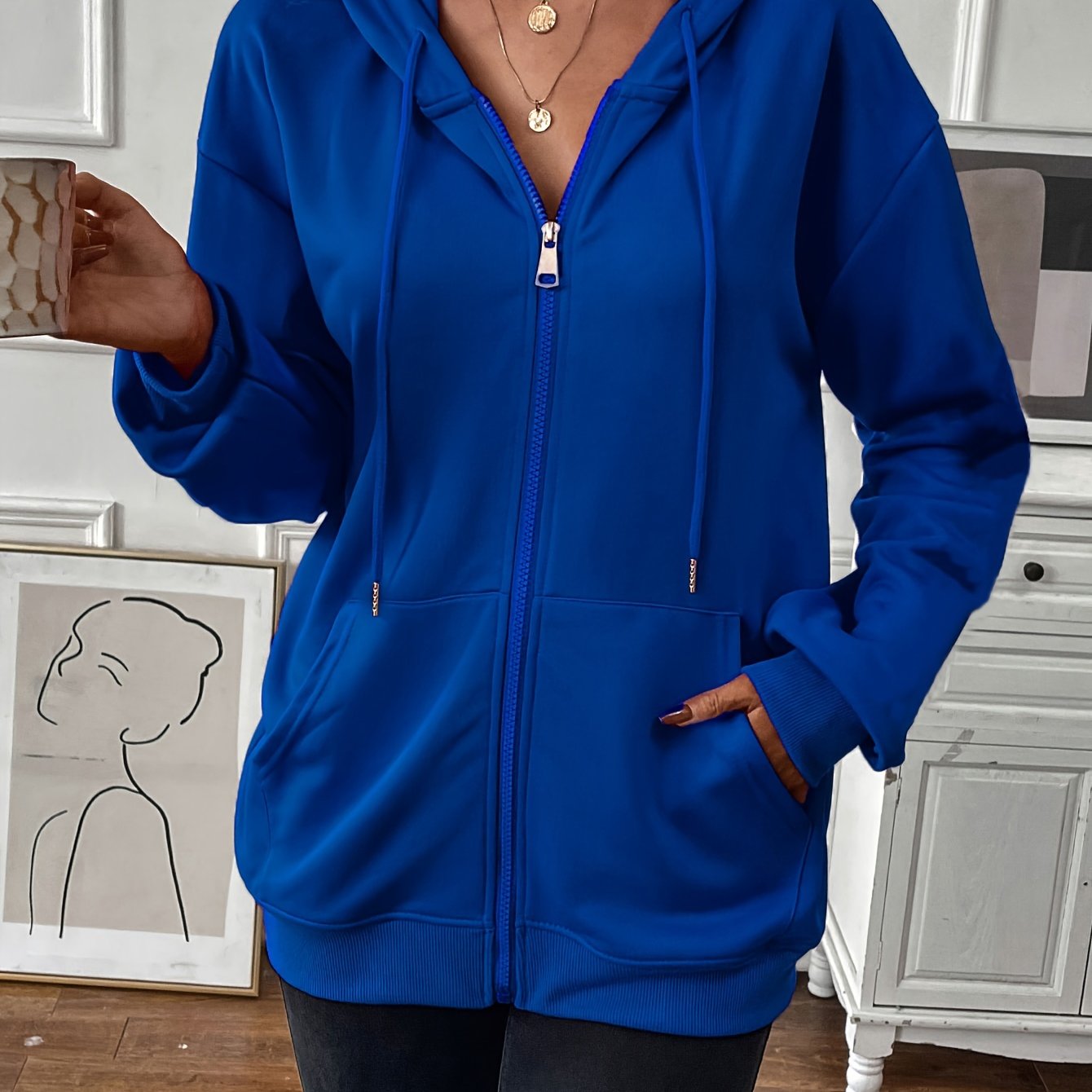 Stefanie | Stevige rits met trekkoord, losse hoodie met lange mouwen en zakken