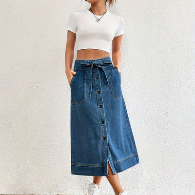 Anna | Effen denim midi rok met strikceintuur