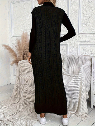 Evelien | Gebreide mouwloze maxi-jurk met kabelpatroon en V-hals