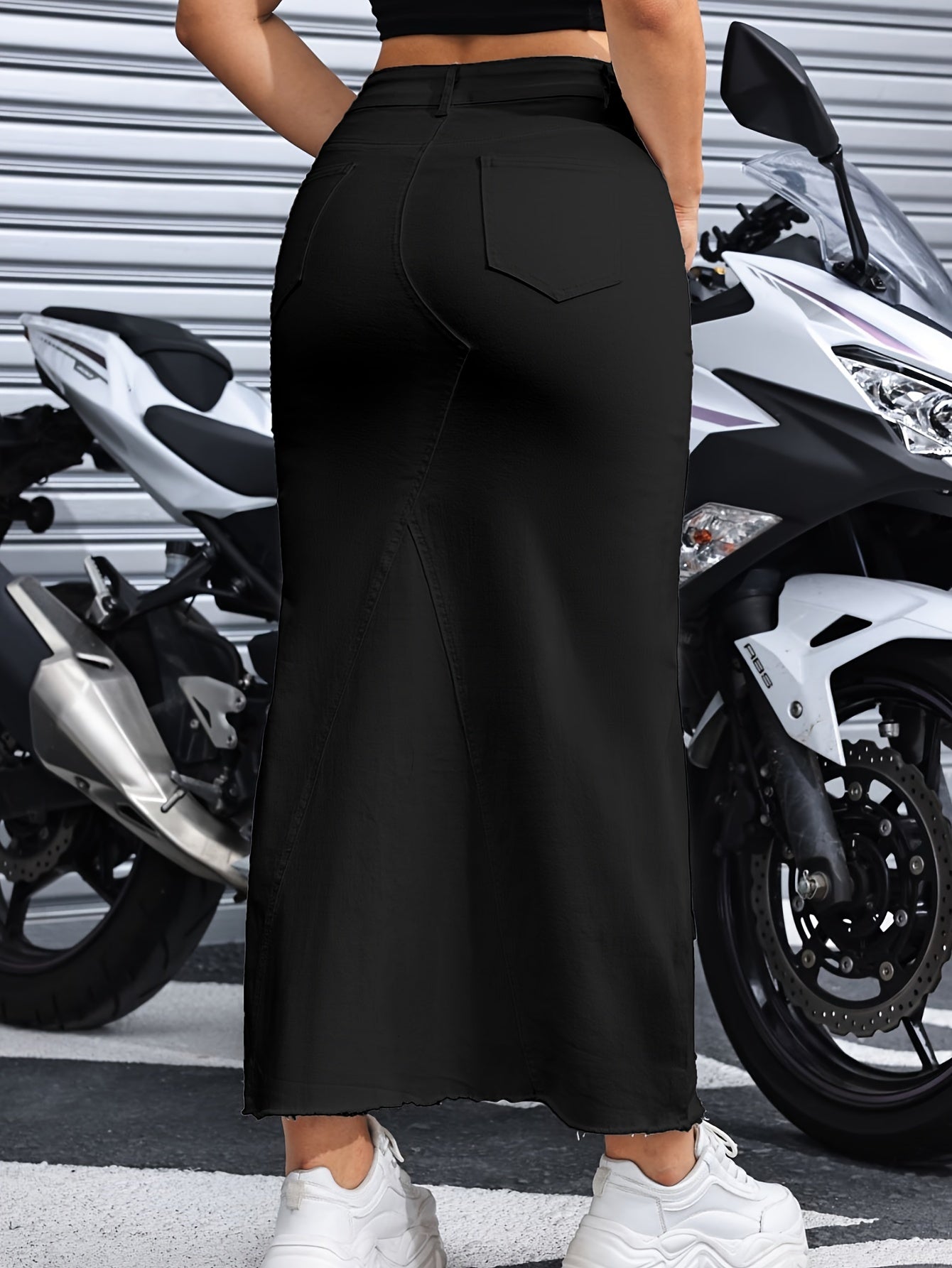 Emma | Black denim maxi skirt with raw hem