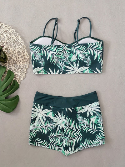 Noa | Twee-delige bikini set met bladprint en boyshorts