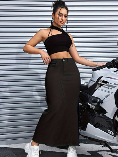 Emma | Black denim maxi skirt with raw hem