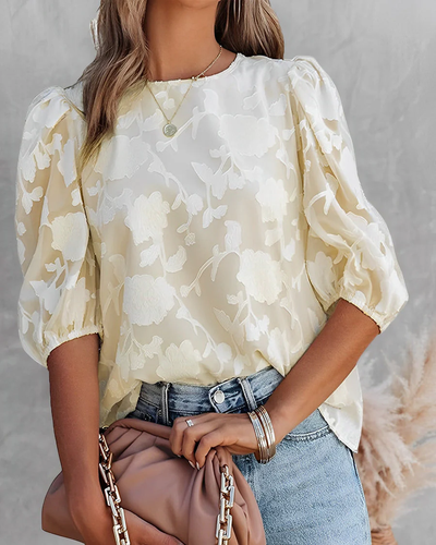 Dames Blouse – Semi Transparant Design met Puff Mouwen en Bloemenreliëf