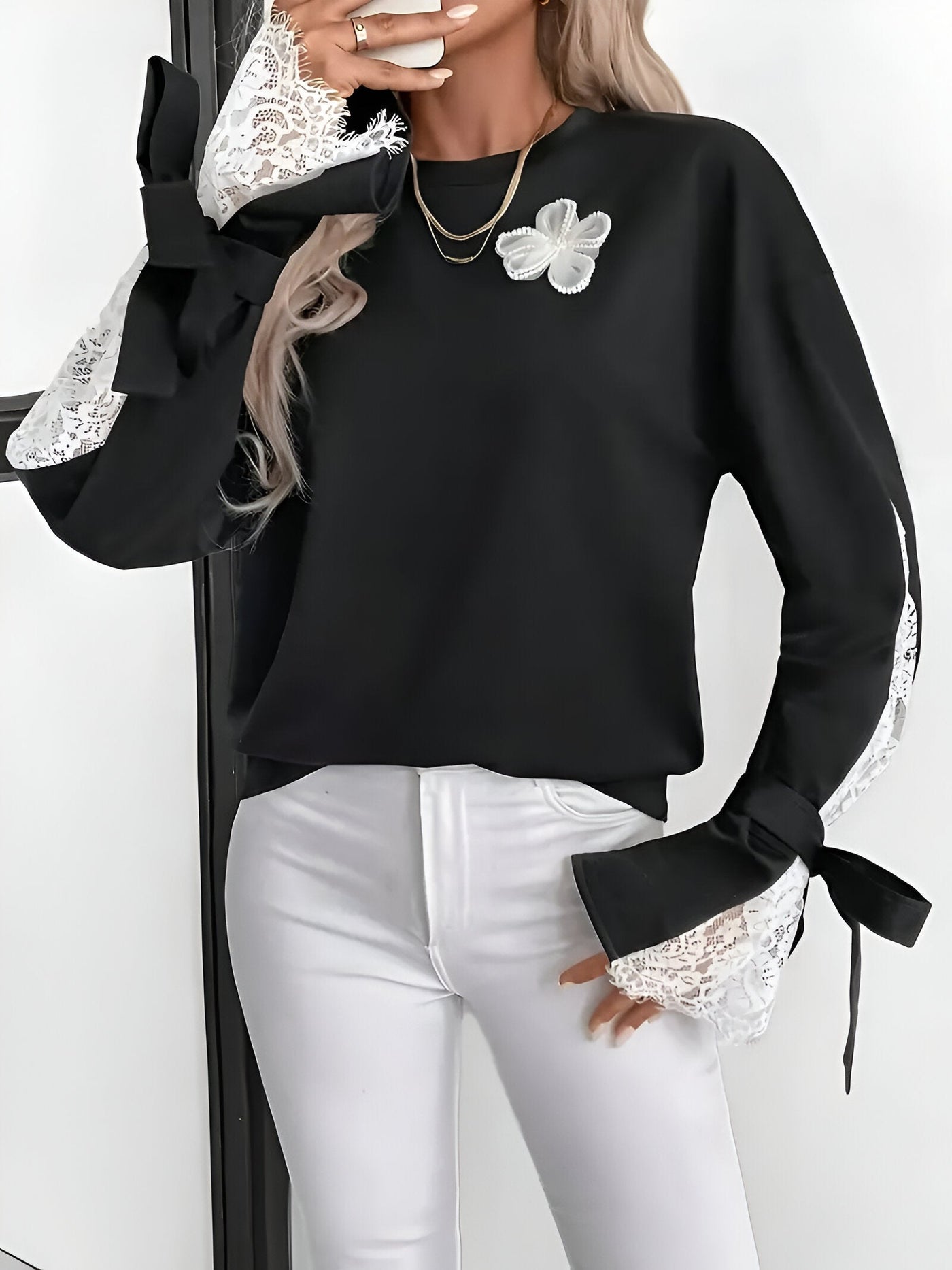 Elodie - Color Block Sweatshirt with Floral Lace