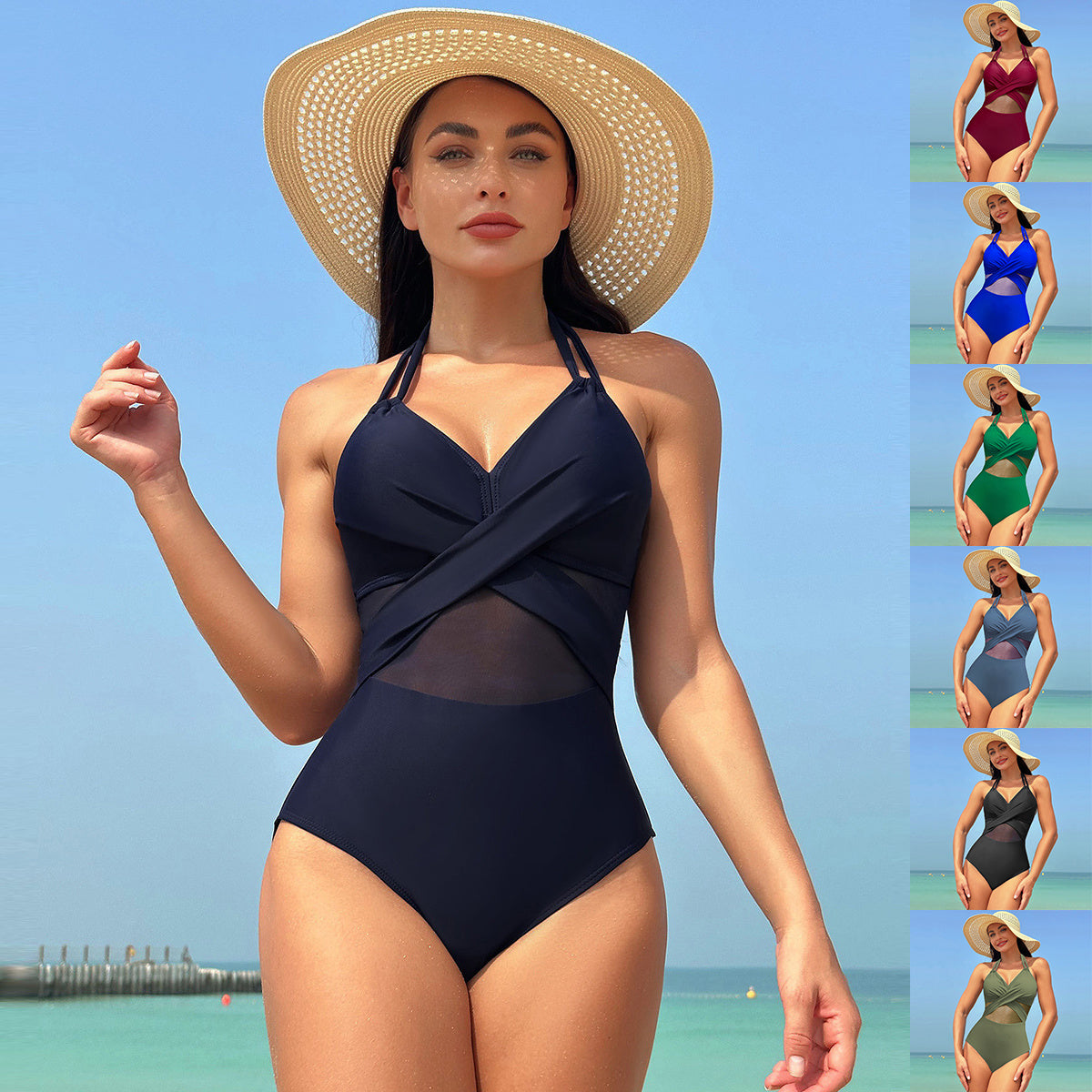 One-piece swimsuit summer solid color cross strap 