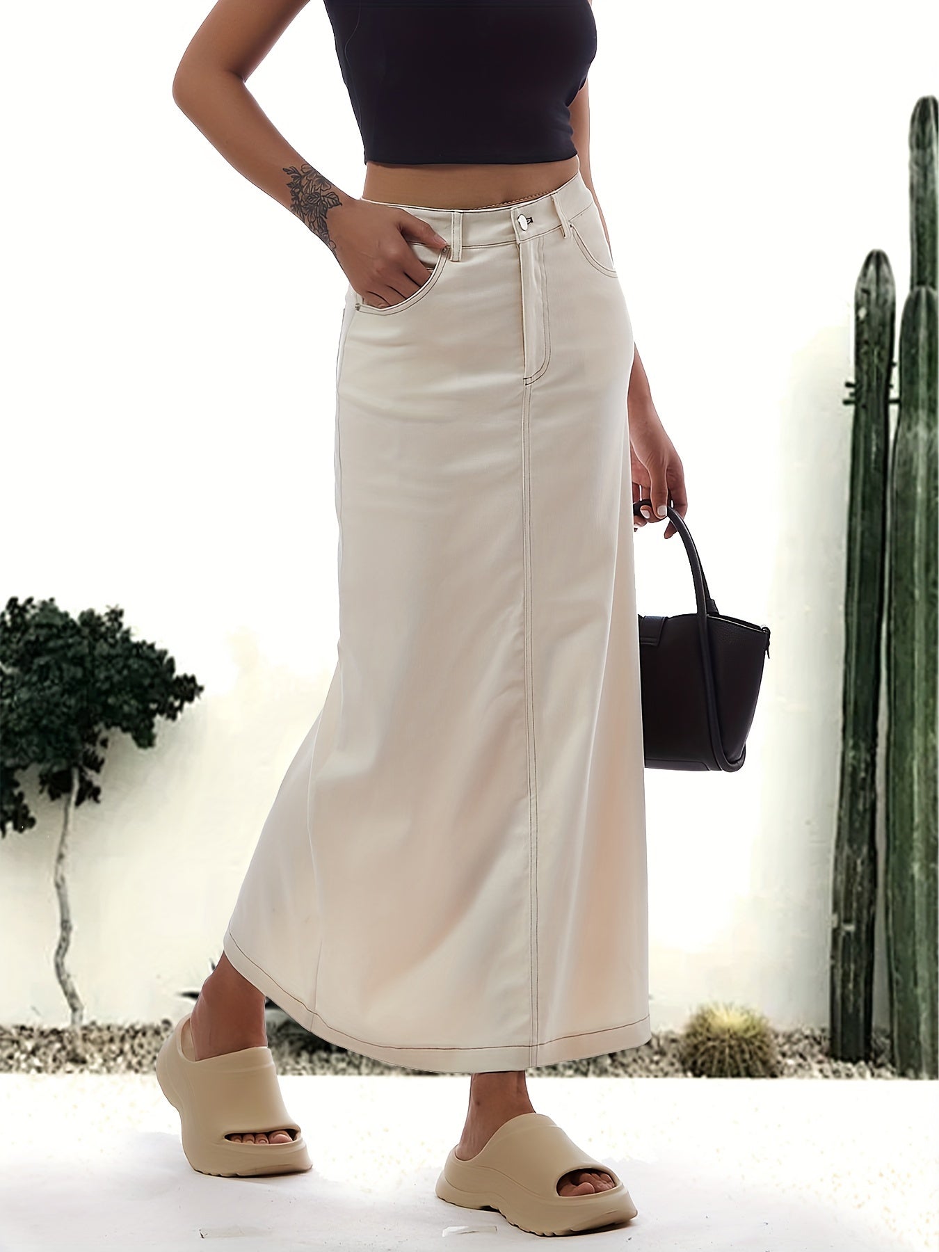 Emma | Plain white split back hem casual maxi denim skirt