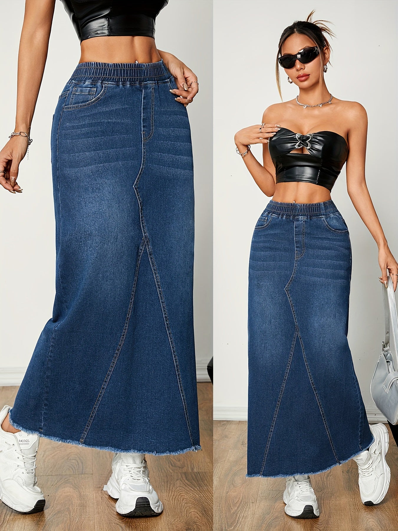 Emma | Plain washed blue streetwear maxi denim skirt